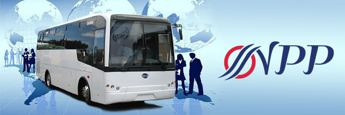 Stylised image of a bus in front of a globe featuring people and the NPP logo